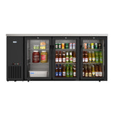 72 in. Commercial Three Glass Door Back Bar Cooler Refrigerator with Side Condenser and Compressor, LED Lighting, 18 Cu. Ft Capacity in Black (KM-BC-3GD-SCBK)